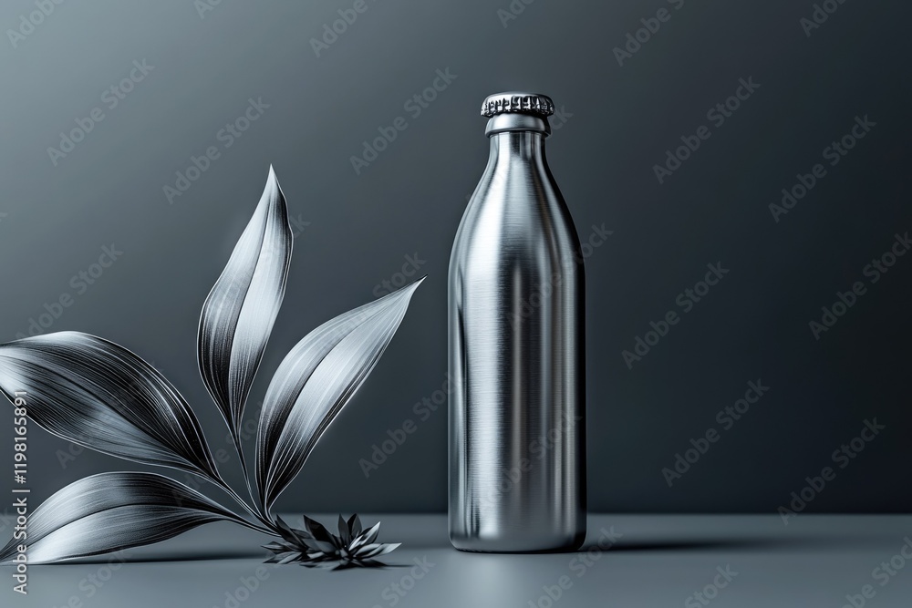 A sleek, brushed-metal bottle stands beside stylized dark leaves against a grey backdrop. A sleek, brushed-metal bottle stands beside stylized dark leaves against a grey backdrop.