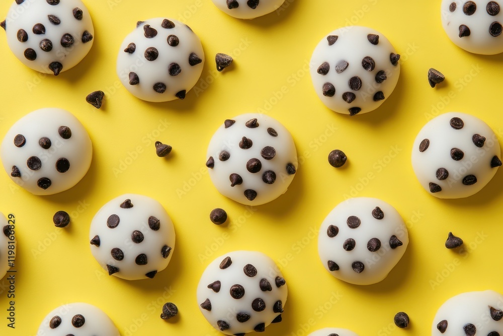 Aerial shot of Japanese mochi cookies with chocolate chips against a yellow backdrop Aerial shot of Japanese mochi cookies with chocolate chips against a yellow backdrop