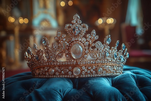 a regal crown and tiara gracefully resting on a plush velvet cushion, showcasing exquisite craftsmanship and elegance, creating a luxurious and royal aesthetic