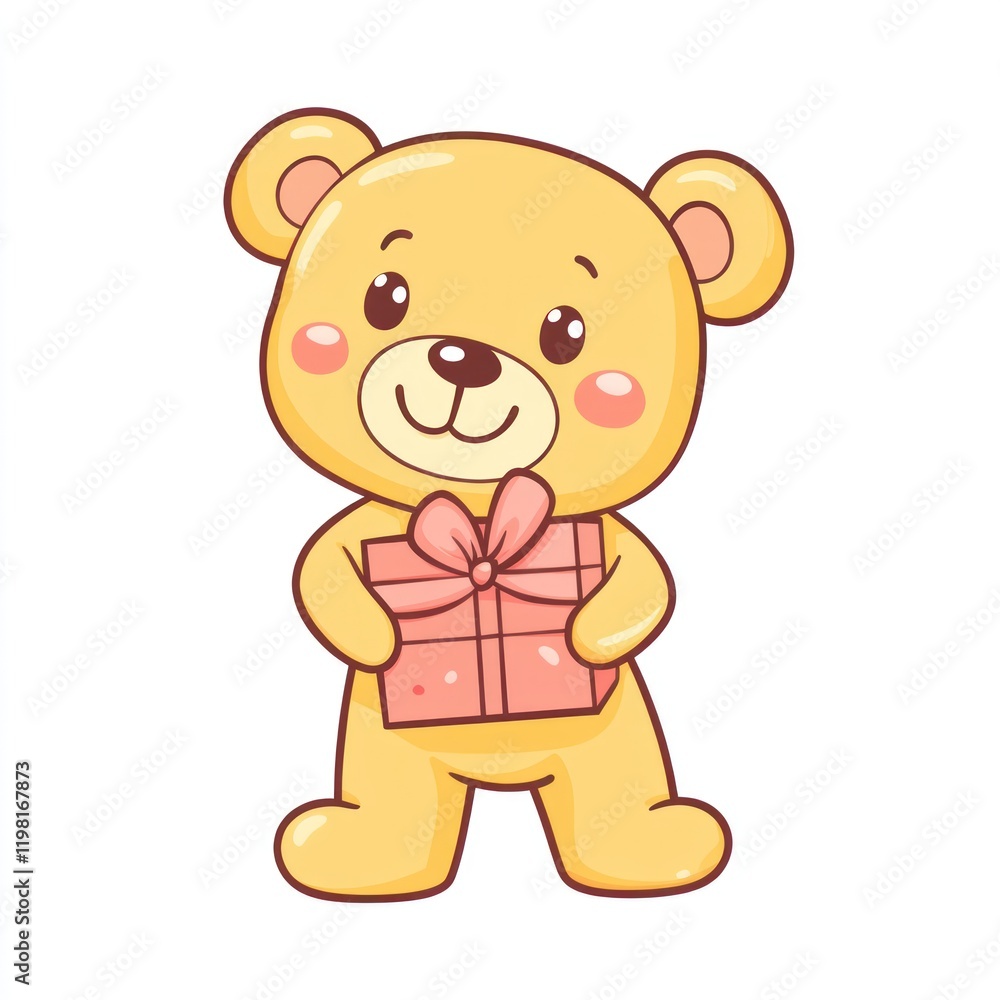 Yellow bear with pink cheeks holds a gift with pink bow against white background, used for decoration Yellow bear with pink cheeks holds a gift with pink bow against white background, used for decoration
