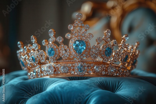 a regal crown and tiara gracefully resting on a plush velvet cushion, showcasing exquisite craftsmanship and elegance, creating a luxurious and royal aesthetic
