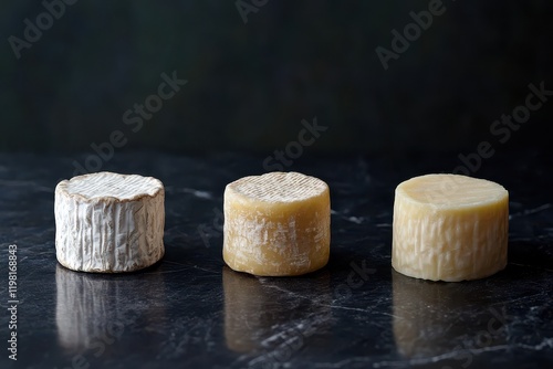 Assortment of hard and semi hard cheeses on a dark backdrop including Petit Basque and Spanish Manchego photo