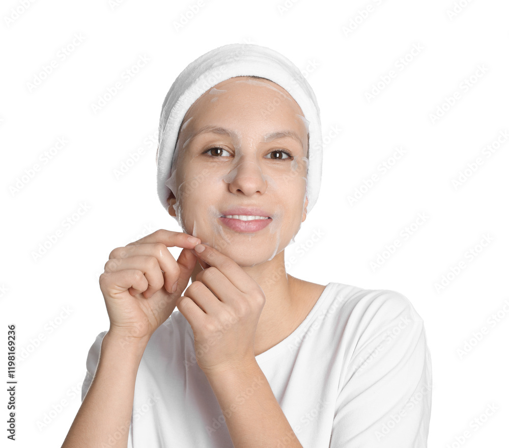 Teenage girl with sheet facial mask on white background. Acne treatment Teenage girl with sheet facial mask on white background. Acne treatment