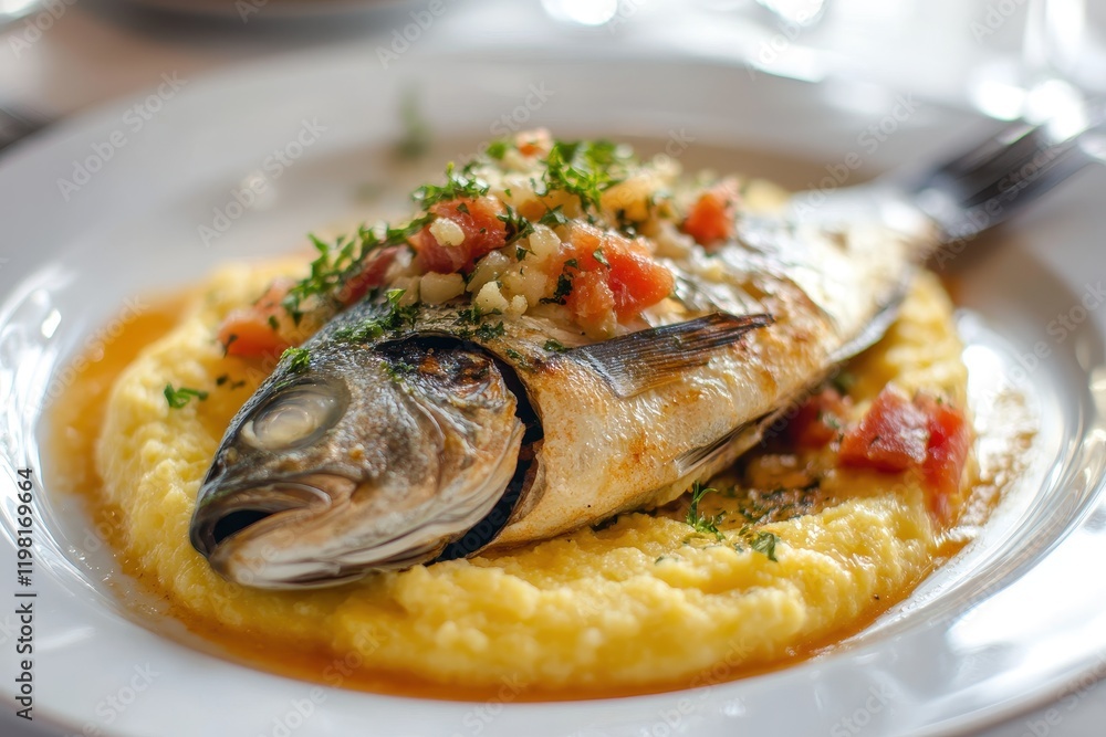 Baccalà with cornmeal Traditional Italian seafood meal Baccalà with cornmeal Traditional Italian seafood meal