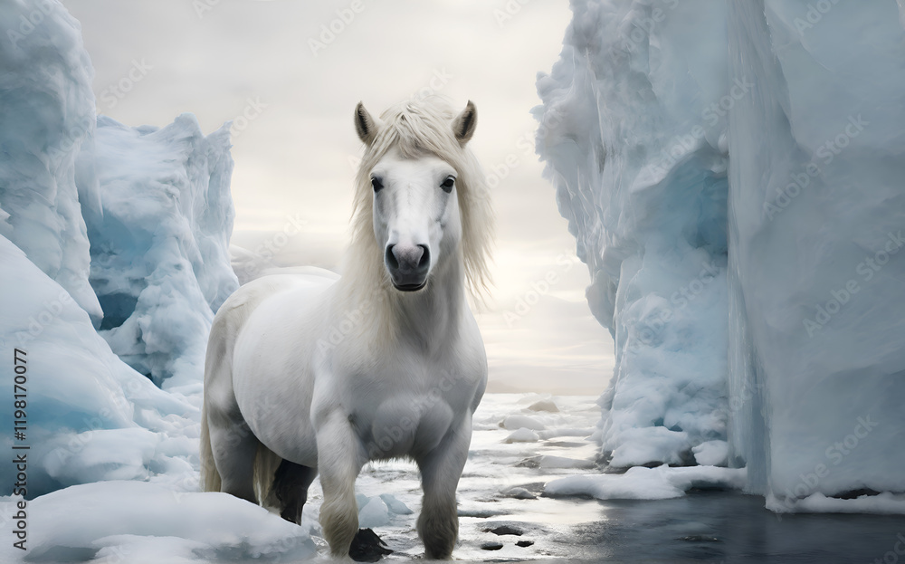 beautiful white horse-pony swimming in arctic ocean with icebergs. close up. Digital artwork. Ai generated