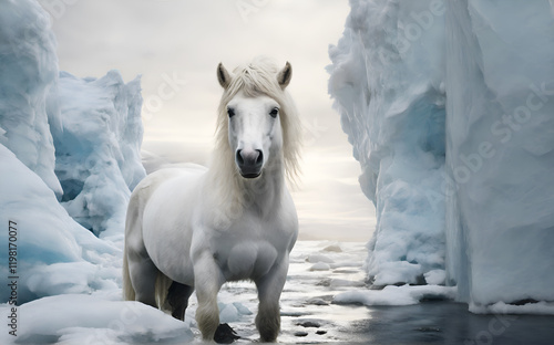 beautiful white horse-pony  swimming in  arctic ocean with icebergs. close up. Digital artwork. Ai generated photo