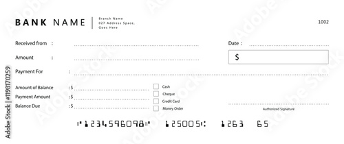 Blank bank cheque. Personal desk check template new design