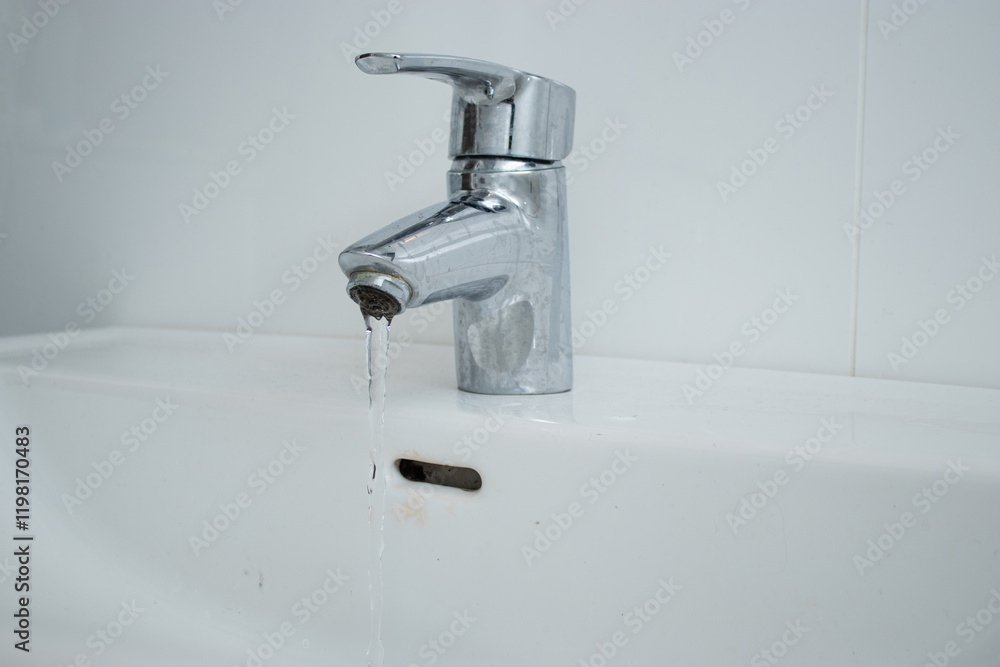 Close up of a bathroom faucet with running water and limescale stains and dirty sink Close up of a bathroom faucet with running water and limescale stains and dirty sink