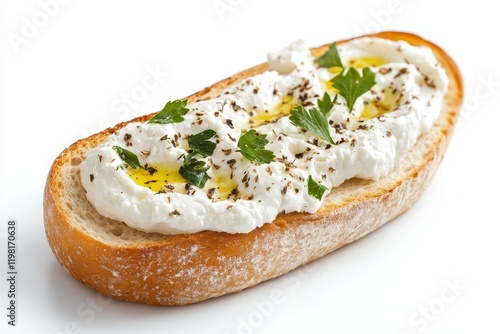 Baguette sandwich with labneh on white background photo