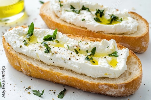 Baguette with labneh on a white background photo