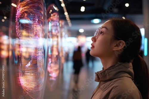 A young woman gazes thoughtfully at a vibrant, interactive digital art installation, showcasing various colors and swirling patterns that evoke curiosity and wonder. photo