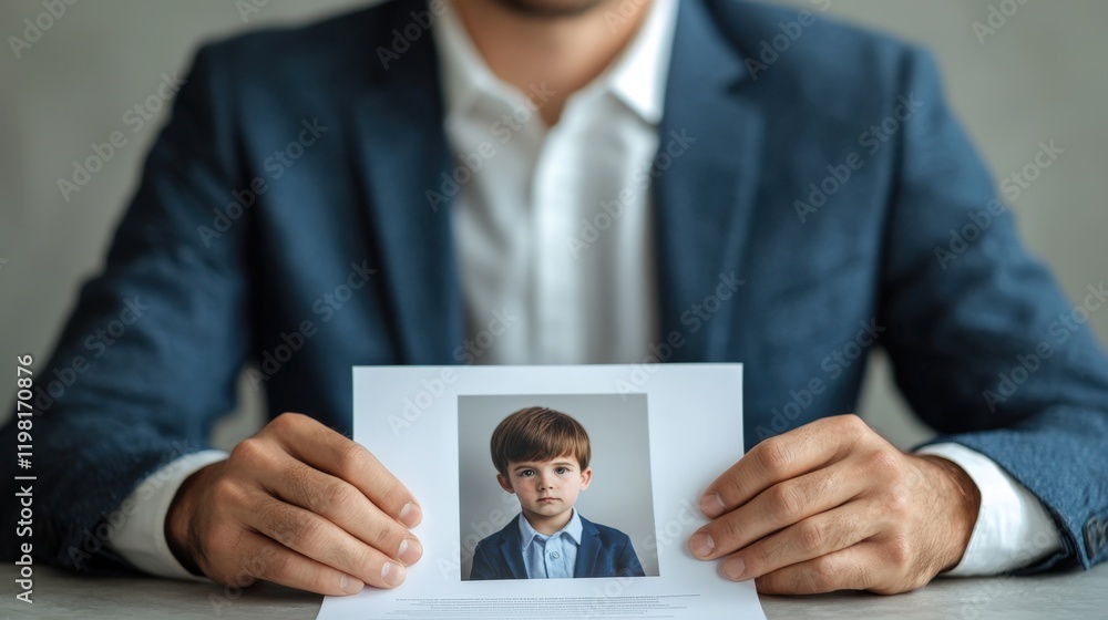 Divorce and law process, A man in a suit holds a photo of a young boy, conveying emotion and a sense of connection between the two. Divorce and law process, A man in a suit holds a photo of a young boy, conveying emotion and a sense of connection between the two.