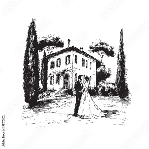 Hand drawn Italian style vintage wedding couple