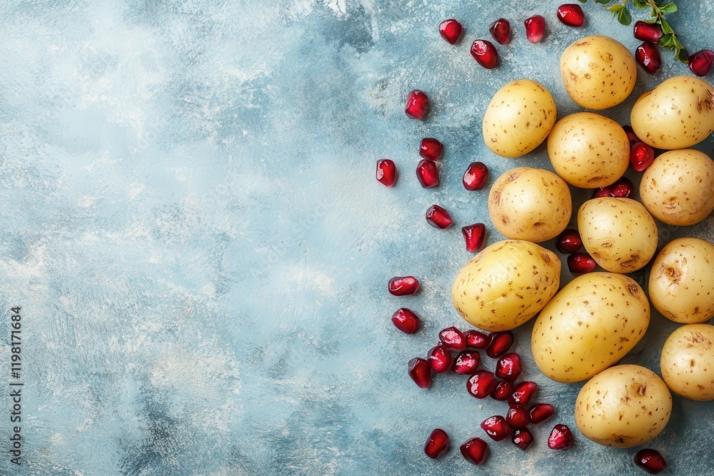 Batata Harra traditional Arabic dish of spiced potatoes and pomegranate on a blue backdrop Batata Harra traditional Arabic dish of spiced potatoes and pomegranate on a blue backdrop