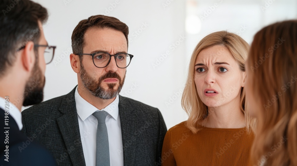 Divorce and law process, A tense conversation among four professionals, highlighting expressions of concern and engagement in a business setting. Divorce and law process, A tense conversation among four professionals, highlighting expressions of concern and engagement in a business setting.