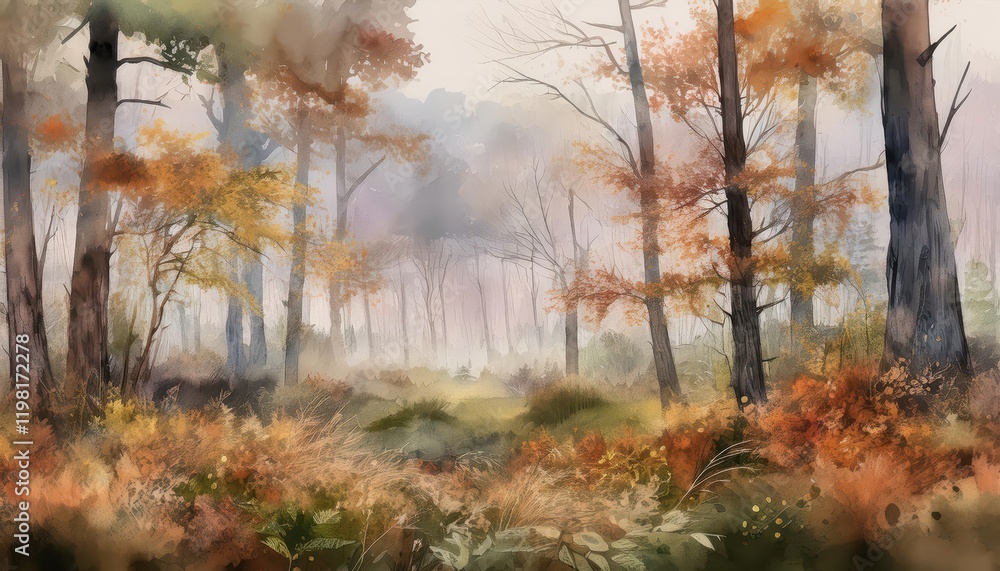 Foggy Autumn Morning Panorama of Wendover Woods in Stunning Digital Watercolor Foggy Autumn Morning Panorama of Wendover Woods in Stunning Digital Watercolor
