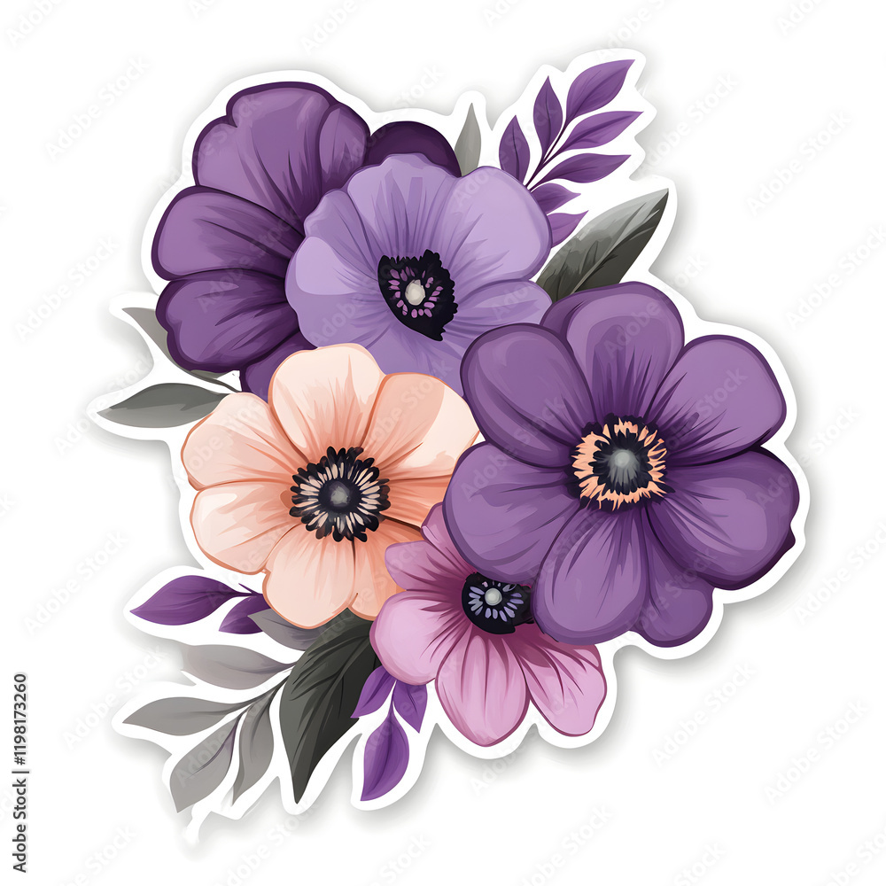 Purple Flowers Sticker Vector Art on White Background Purple Flowers Sticker Vector Art on White Background
