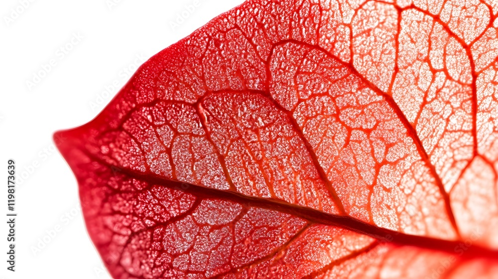 Fototapeta premium Close-Up of Vibrant Red Leaf Veins Against Clean White Background