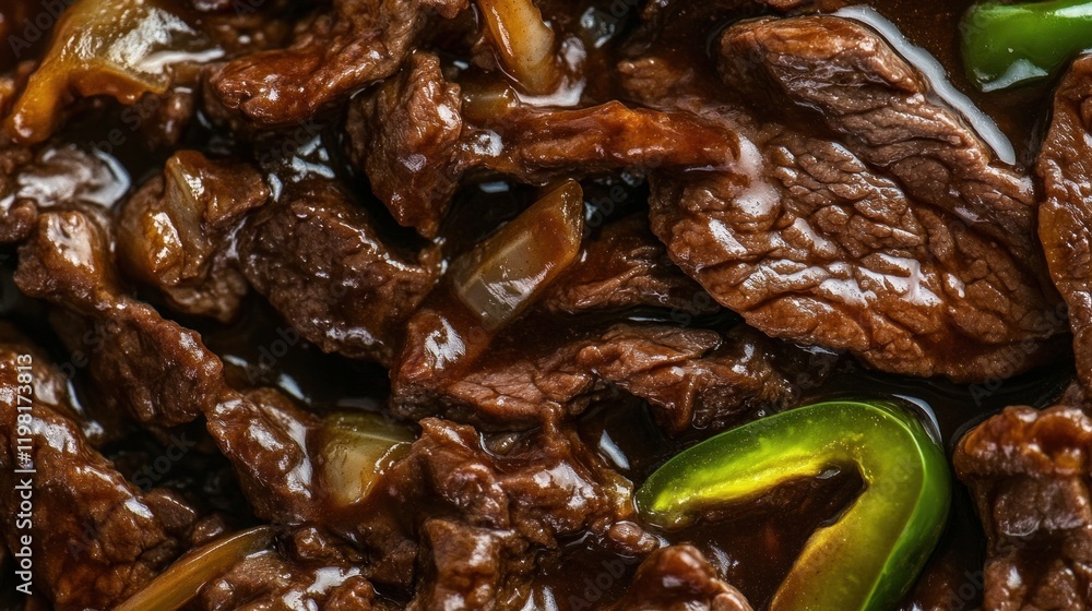 Obraz premium Close-up view of delicious beef stir-fry with onions and peppers in a rich brown sauce.