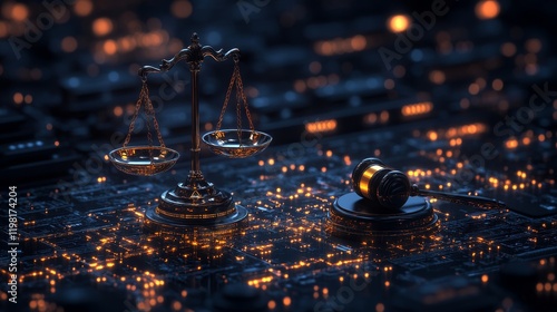 Digital Justice Scales of Justice  Gavel on a Circuit Board - Law, Technology, and Cybercrime
