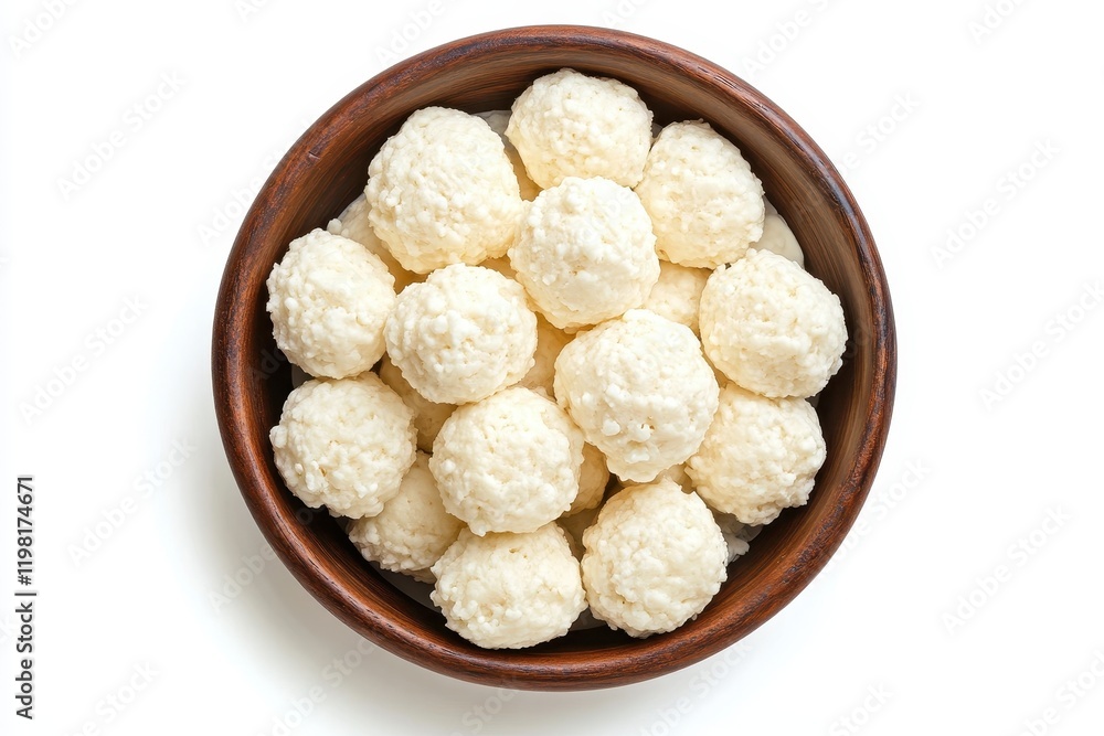 Brown bowl of shanklish topped with soft white cheese balls viewed from above on a white background Arabic dish Brown bowl of shanklish topped with soft white cheese balls viewed from above on a white background Arabic dish