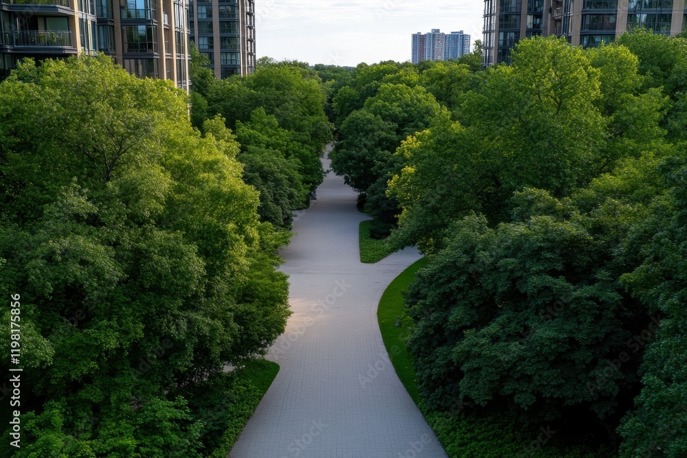 A winding paved path cuts through a lush green park, inviting leisurely strolls and highlighting the beauty and tranquility of nature in urban areas. A winding paved path cuts through a lush green park, inviting leisurely strolls and highlighting the beauty and tranquility of nature in urban areas.