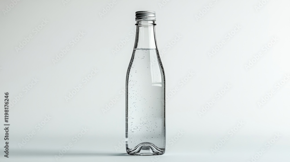 Sparkling Water in Clear Glass Bottle with Silver Cap Clean, Minimalist Product Mockup Sparkling Water in Clear Glass Bottle with Silver Cap Clean, Minimalist Product Mockup