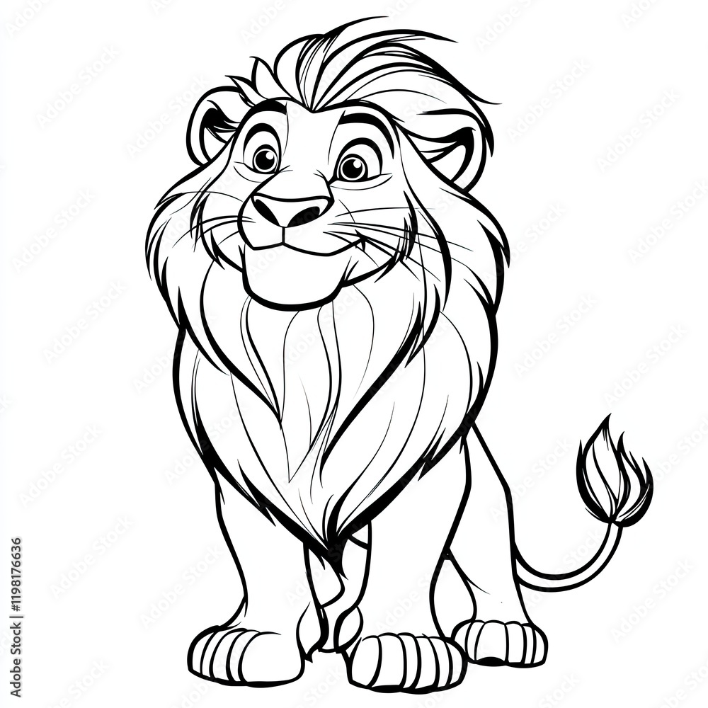Obraz premium Adorable Lion Cub Cartoon Drawing: Majestic Wildlife, African King of the Jungle, Cute Animal Portrait, Black and White Line Art Illustration