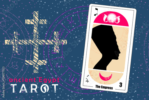 Egyptian tarot card called the empress. Nefertiti silhouette