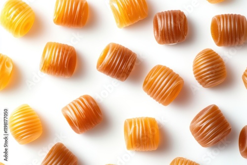 Caramel sweets against a white backdrop Bird s eye view of caramel fudge photo