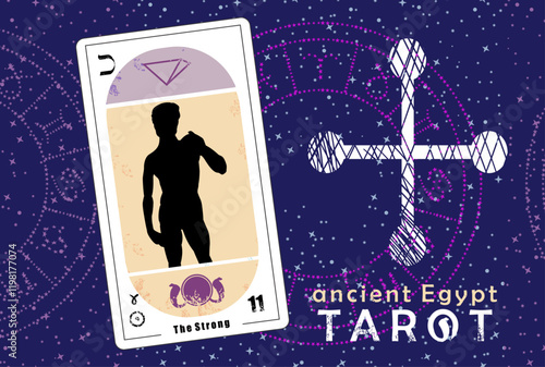 Egyptian tarot card number eleven, called The Force. Silhouette of David by Michelangelo on blau background. 