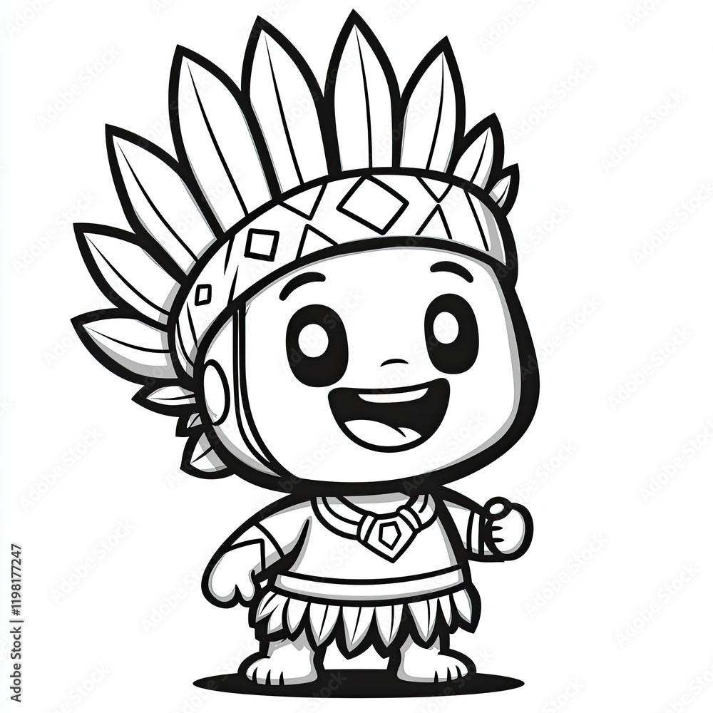 Obraz premium Adorable Native American Child Cartoon Illustration: A Celebration of Culture and Heritage