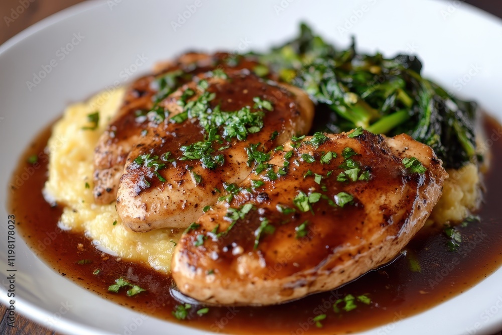 Chicken medallions with shallot marsala sauce polenta and broccolini Chicken medallions with shallot marsala sauce polenta and broccolini