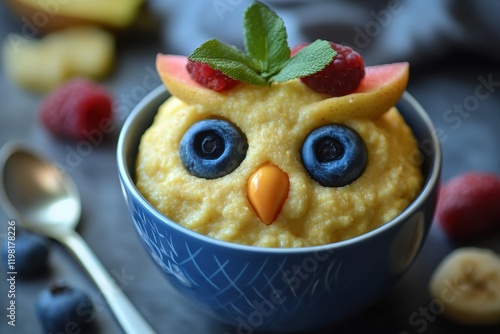 Children s fruit topped polenta porridge resembles an adorable owl photo