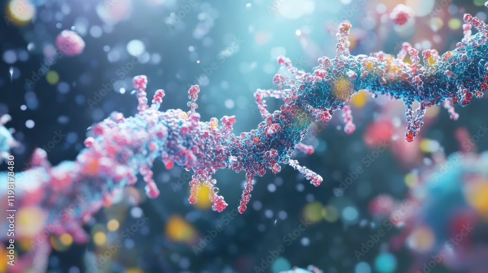 Fototapeta premium Close up view of molecular RNA chain surrounded by various viruses showcasing intricate biological structures and interactions. Generative AI