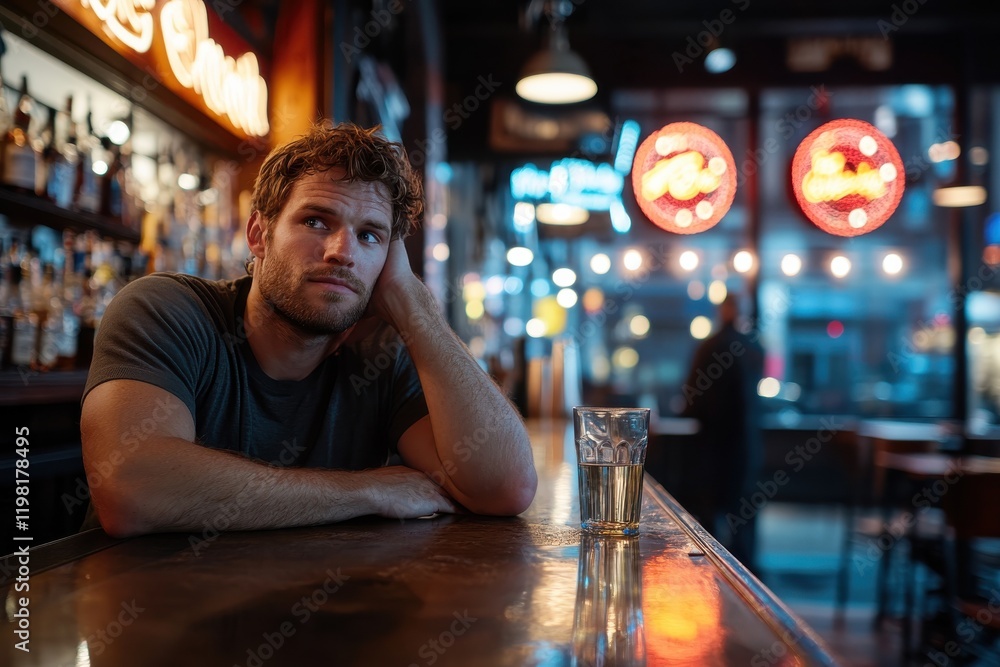 A young man appears lost in thought at the bar, with a glass nearby, representing the timeless moments of reflection and connection in an inviting atmosphere. A young man appears lost in thought at the bar, with a glass nearby, representing the timeless moments of reflection and connection in an inviting atmosphere.