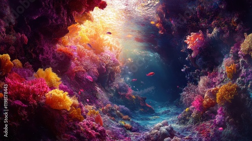 Vibrant coral reef with colorful fish. Ideal for marine life, nature, and ocean themes. photo