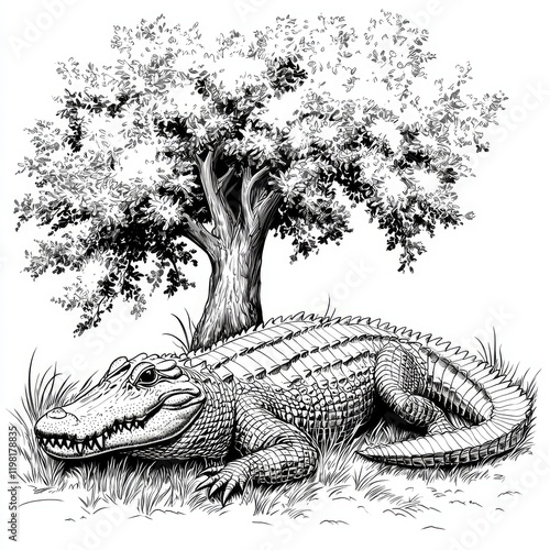 Alligator under a tree: A black and white illustration of an alligator resting under a tree in a swampy environment.  Perfect for nature lovers and wildlife enthusiasts. photo