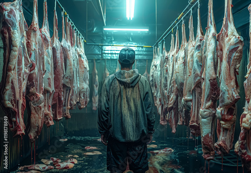 Wallpaper Mural Man stands in a room full of hanging meat. The meat is covered in blood and the room is dimly lit. The man is looking at the meat with a sense of curiosity or disgust Torontodigital.ca