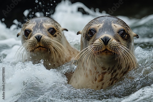 Two curious Galapagos sea lions peek their heads above the water's surface, their whiskers glistening with droplets. photo