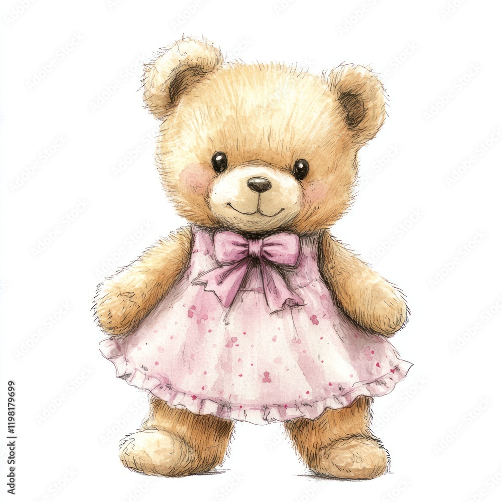 Teddy bear with pink dress, standing on white background. Use for kids, baby, nursery or gift Teddy bear with pink dress, standing on white background. Use for kids, baby, nursery or gift