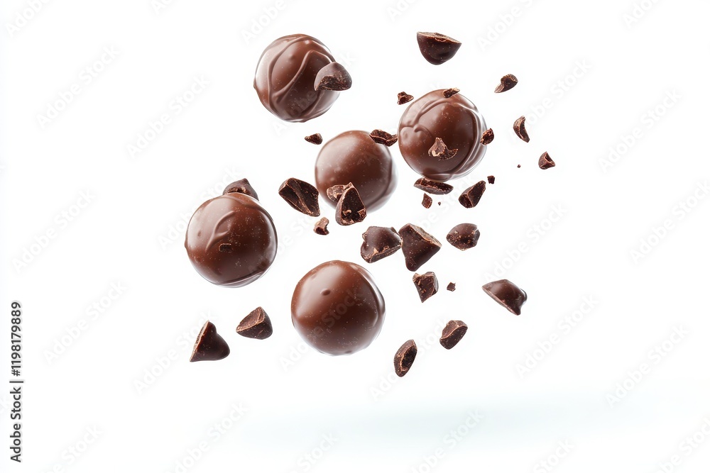 Chocolate spheres descending on a plain white backdrop Chocolate spheres descending on a plain white backdrop