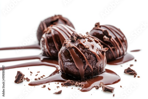 Chocolate truffles enrobed in melted chocolate on a white background photo