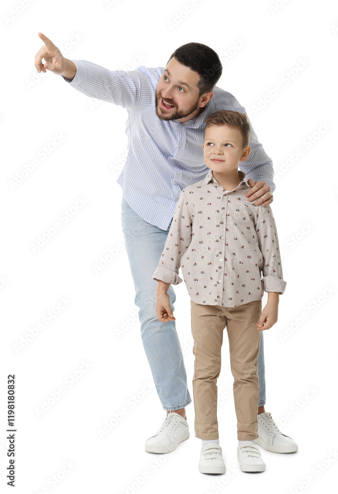 Happy father with his cute little son looking at something on white background Happy father with his cute little son looking at something on white background