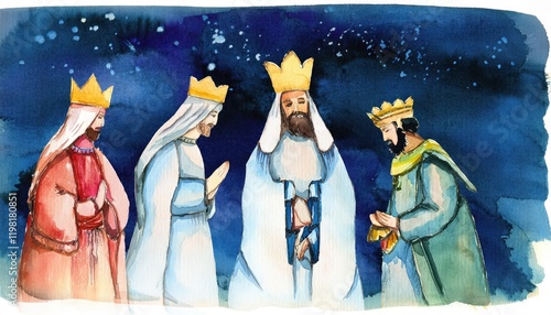 Venerable Magis Arrival at Epiphany Grand Scene of the Three Wise Men on January th, under a StarStudded Night Sky, Depicting a Momentous Occasion in Bethlehem. photo