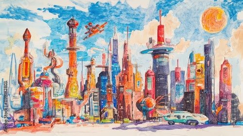 Vibrant watercolor painting of a futuristic cityscape with flying vehicles and a bright sun.