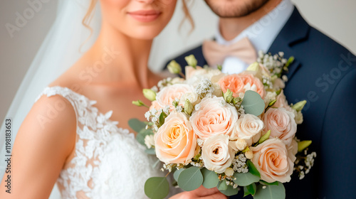 Elegant bride and groom holding a beautiful bouquet of roses, symbolizing love, romance, and wedding celebration.