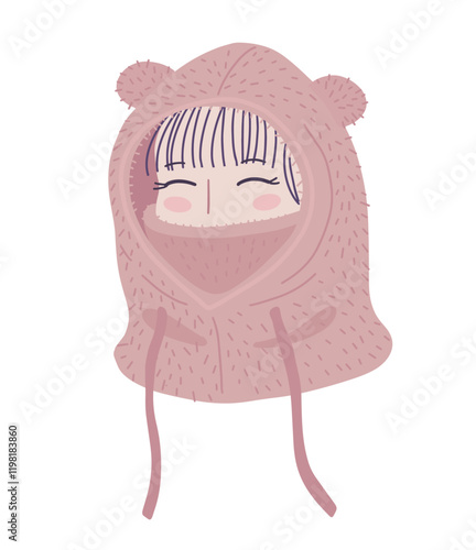 Girl in faux fur hat with ears. Fashion fur winter hat. Hand drawn illustration