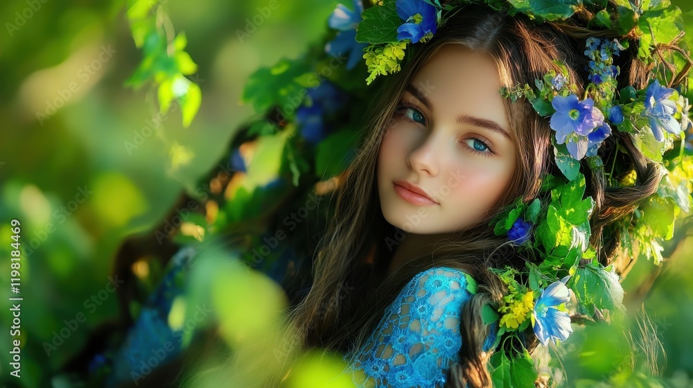Fototapeta premium [Young woman wearing blue flower crown] Dark-haired young woman in floral crown surrounded by lush greenery with serene gaze in vibrant garden backdrop.