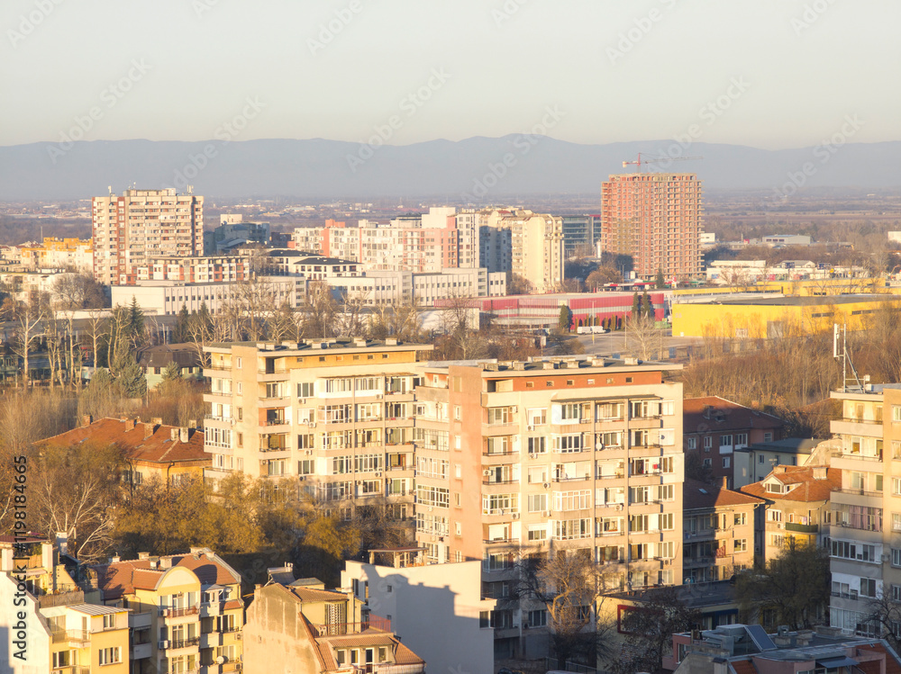 Fototapeta premium Sunset view of Plovdiv city from Nebet Tepe hill, Bulgaria